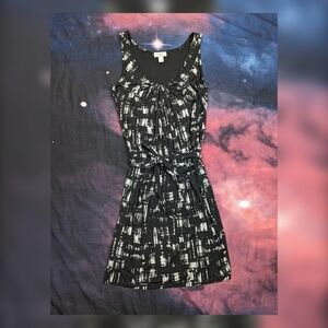 Ann Taylor Loft Petites Black & White Brushstroke Dress with Waist Tie